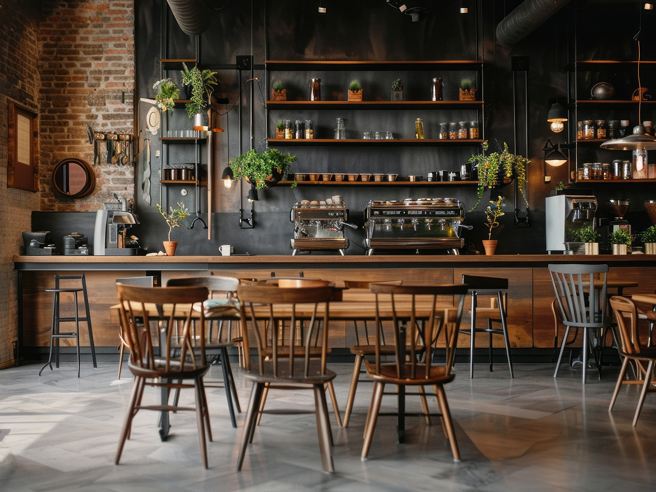 A restaurant with a lot of wooden furniture and plants