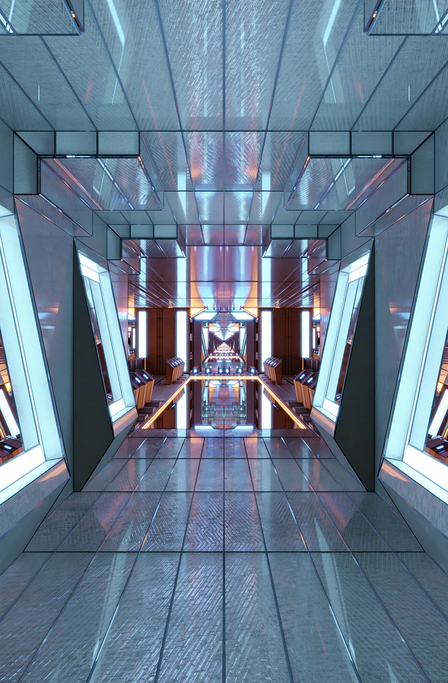 4K UHD 3D illustration of illuminated corridor in contemporary building